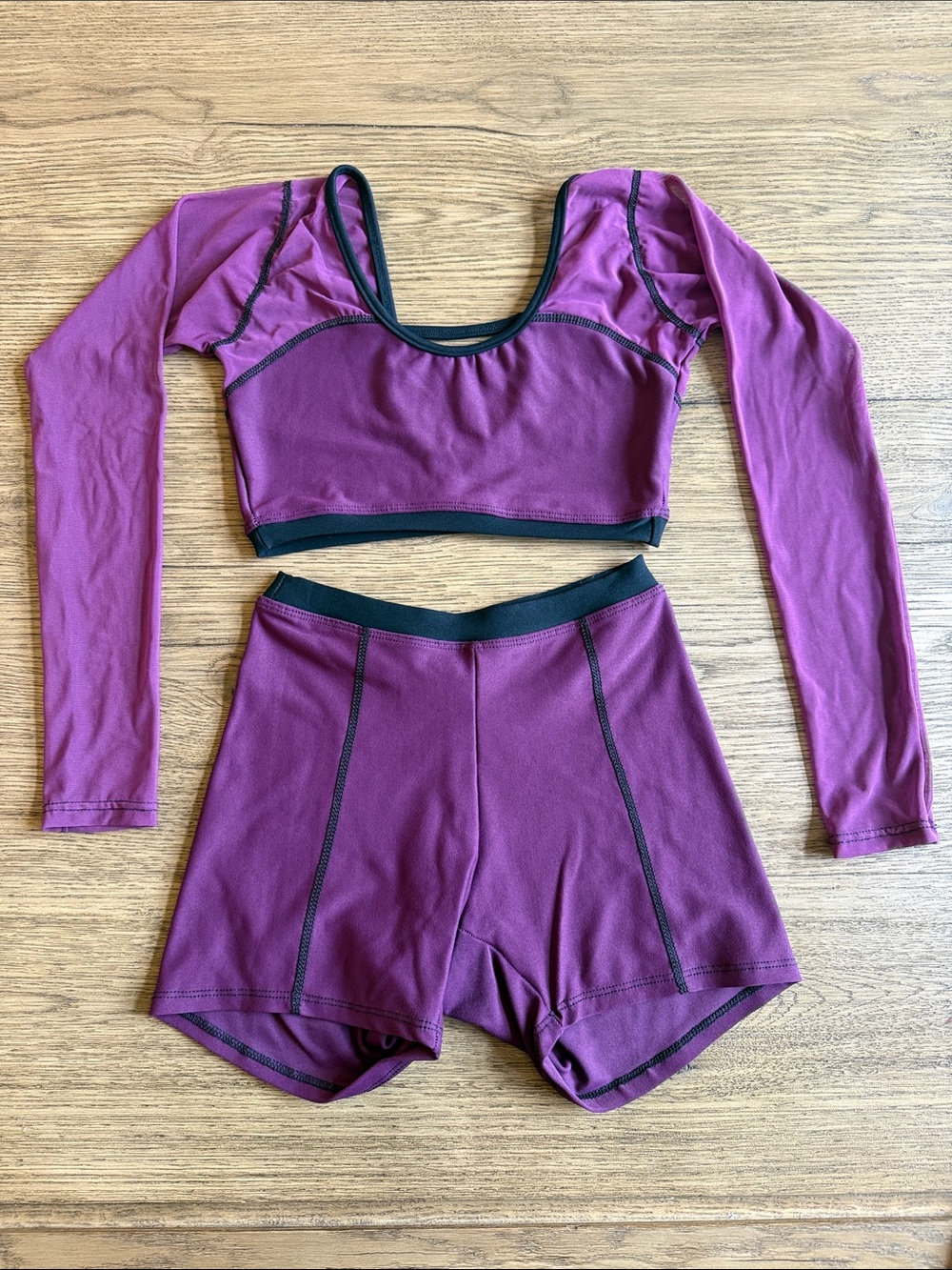 Dance Two-Piece Long Mesh Sleeve Crop Top & Shorts Set in Plum